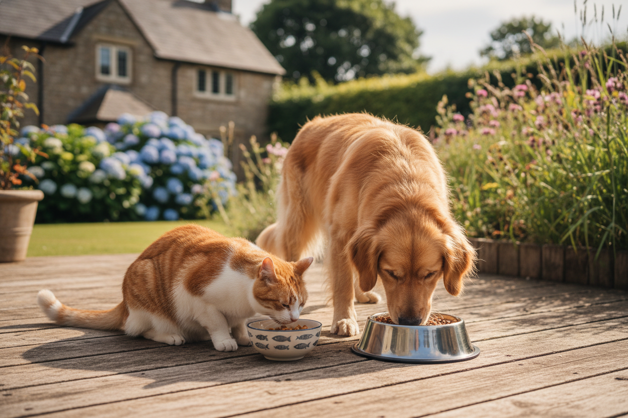orange and white cat eating his snacks in the bowl and besides him a cute dog eating his meal in the steel bowl and the image is full 4k and taken from very long range 