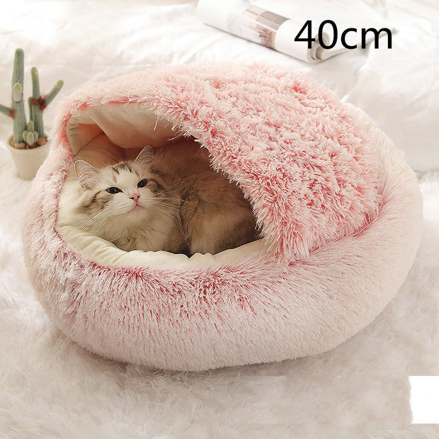 oriental shorthair in long plush round pet bed nest