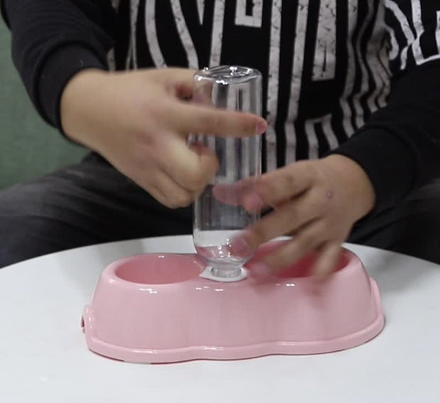 Macaron Pet Double Bowl with Drinking Bottle – Round Plastic Feeder – side view