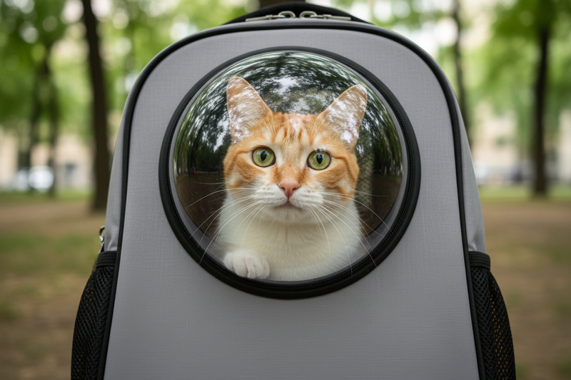 Portrait of cute Orange and white cat with green eyes inside Backpack Carrier