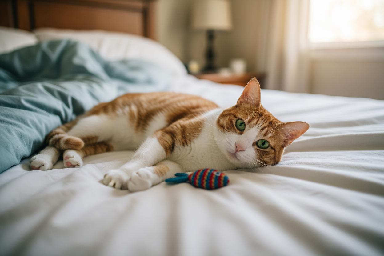 portrait of orange and white cat with green eyes laying in the bed and near him a toy and looking to the camera from the upper angle and from the long range