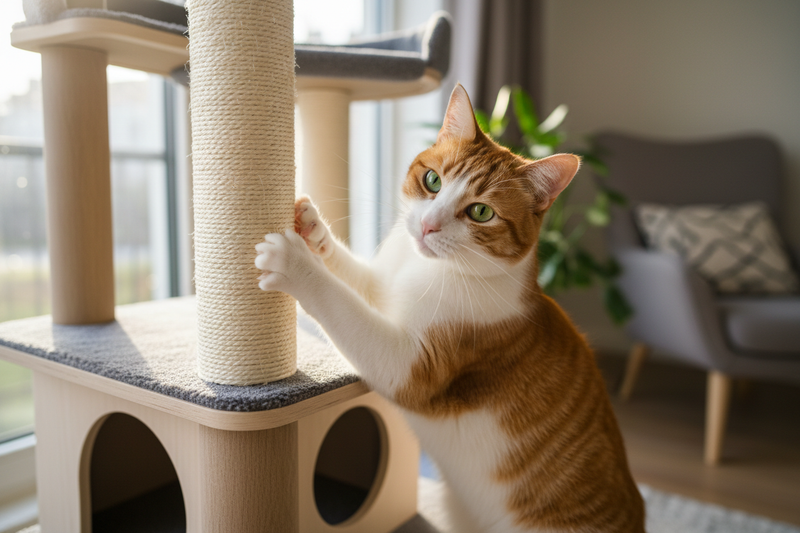 portrait of orange and white cat with green eyes scratching indoor cat tree