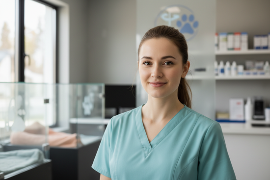 portrait of realistic veterinary assistant woman 