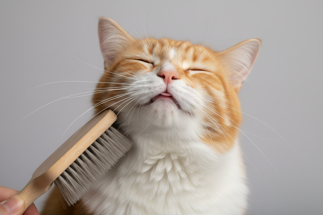 portrait without a background of orange and white cat being groomed by a brush and the cat looks realy enjoy it , full 4k image quality 