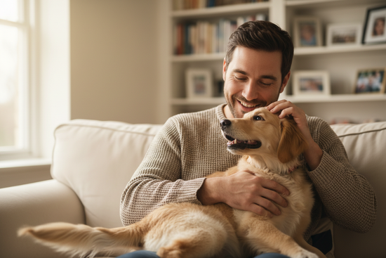 realistic portrait of Pet Owner & First-Time Dog Dad with his dog 