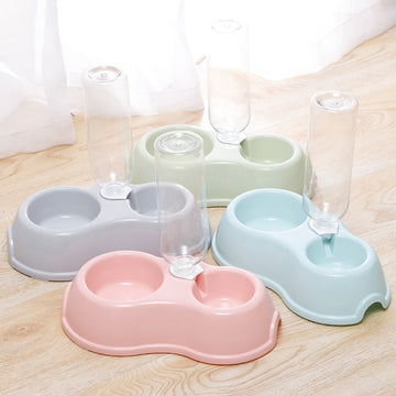 Macaron Pet Double Bowl with Drinking Bottle – Round Plastic Feeder – size reference