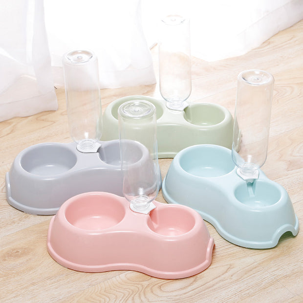 Macaron Pet Double Bowl with Drinking Bottle – Round Plastic Feeder – size reference