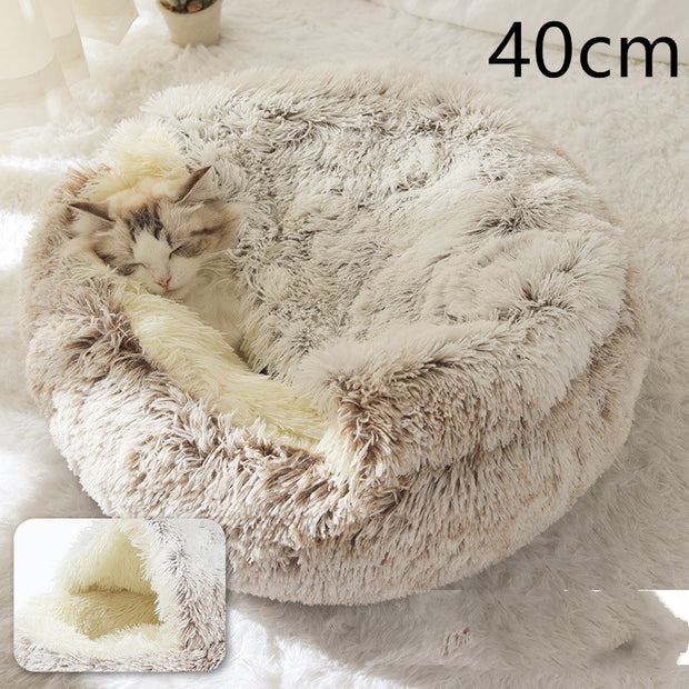 siamese kitten in pink round plush pet bed size XL