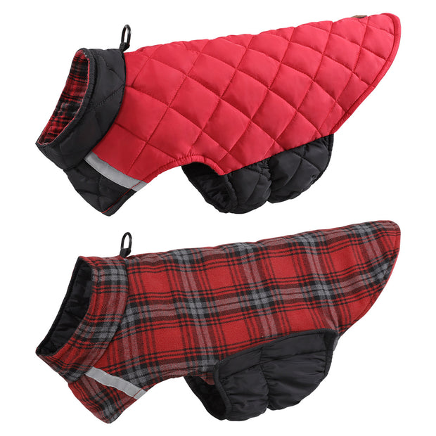 Double-Sided Reflective Plaid Dog Vest – Warm Winter Coat – close-up