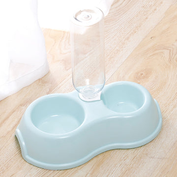 Macaron Pet Double Bowl with Drinking Bottle – Round Plastic Feeder – features