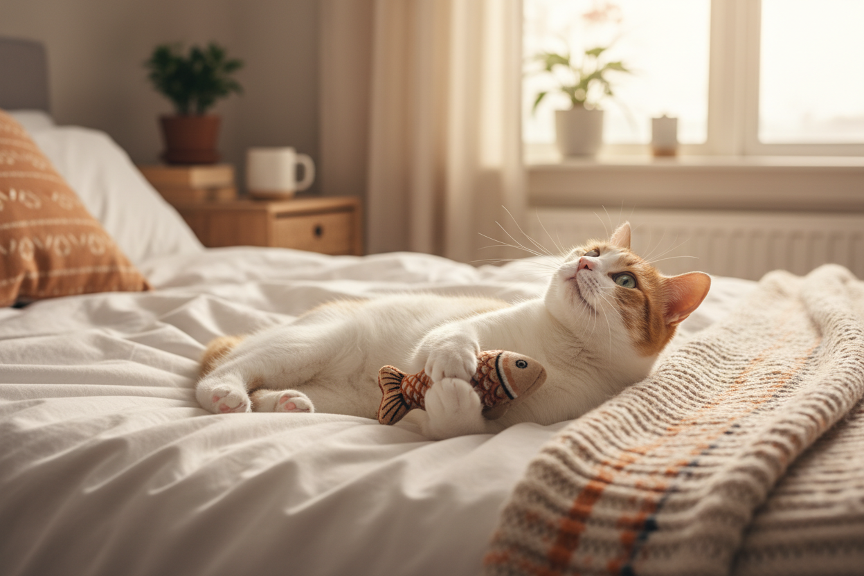 white and orange cat laying in bed holding a toy and looking upward